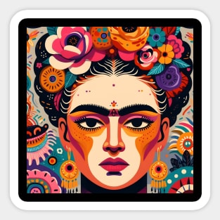 Latina maximalist art, frida kahlo lookalike woman and flowers, folk naïve portrait Sticker